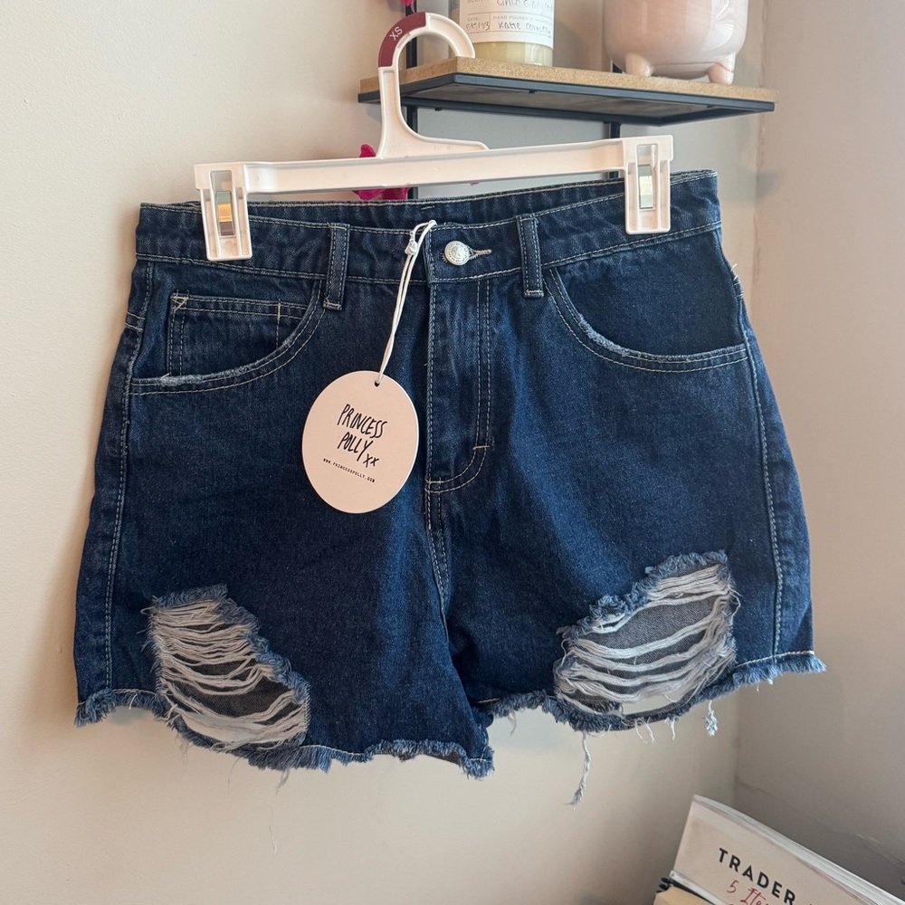 NEW Princess Polly Dark Blue Ripped Jean Shorts